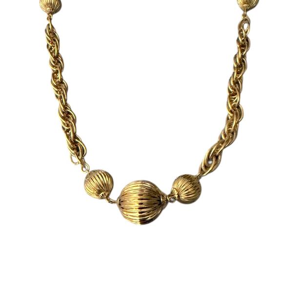 NLH Gold Tone Ribbed Bead Station Rope Chain Necklace 34” Long Statement Vintage - Picture 2 of 6